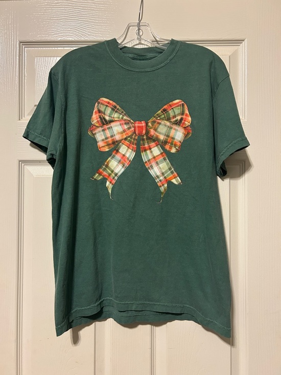 Comfort Colors Tops - Comfort Colors Green Plaid Bow Graphic Tee